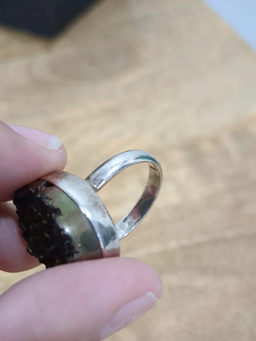 Black Druzy Oval Ring Sterling Silver